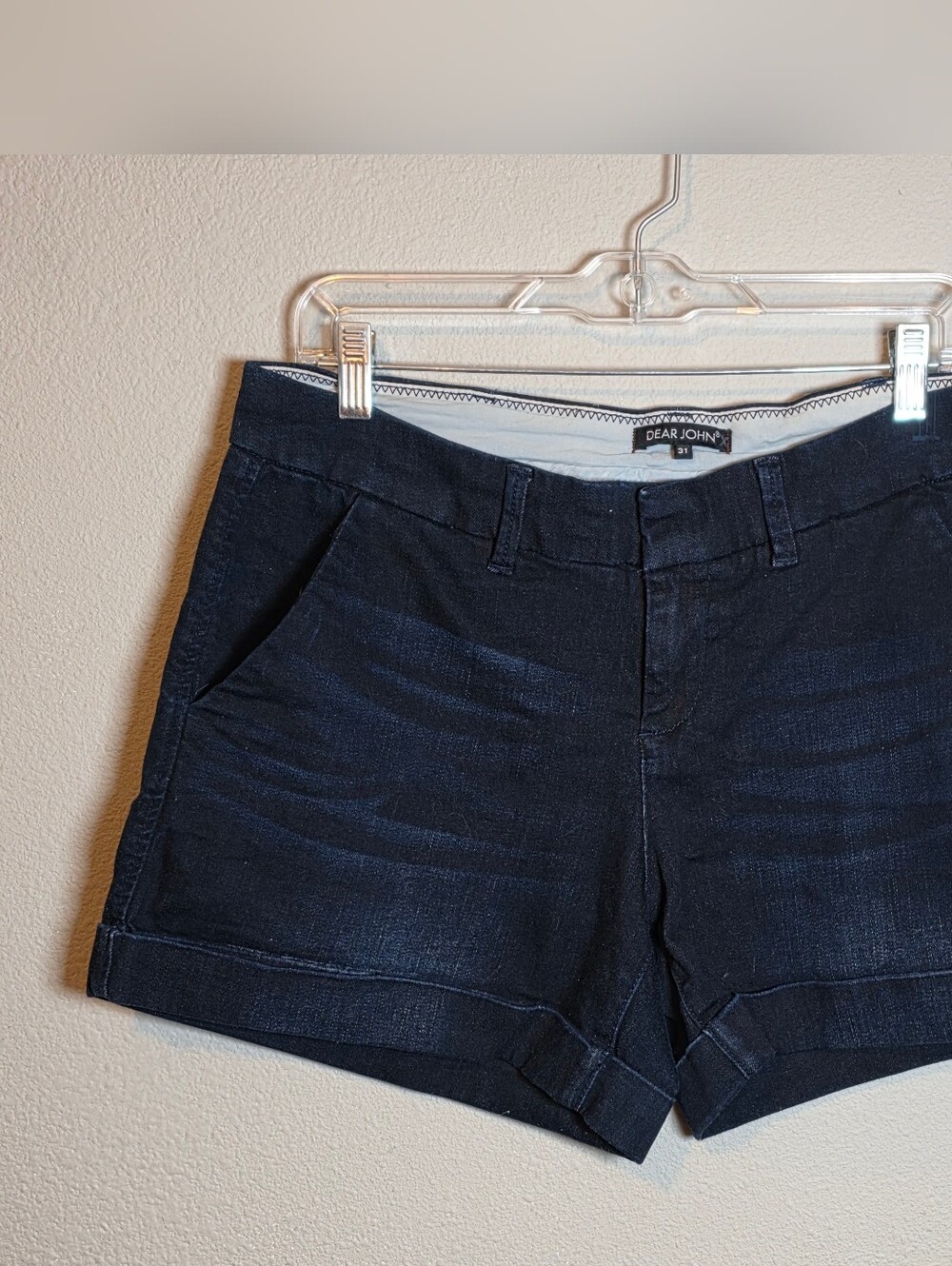 ​Dear John Holly Dark Wash Denim Shorts Size 31 Rolled Cuff Stretch Mid Rise